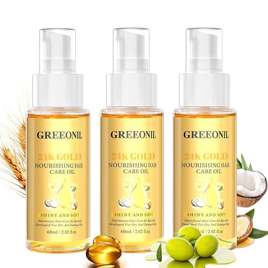 Olive Oil Serum for Frizz Control, Hair Repair Serum,24K Gold Argan Oil Coconut Oil Olive Oil and Vitamin E for Split Ends Hair Treatment, Add Shine, 3 Pack