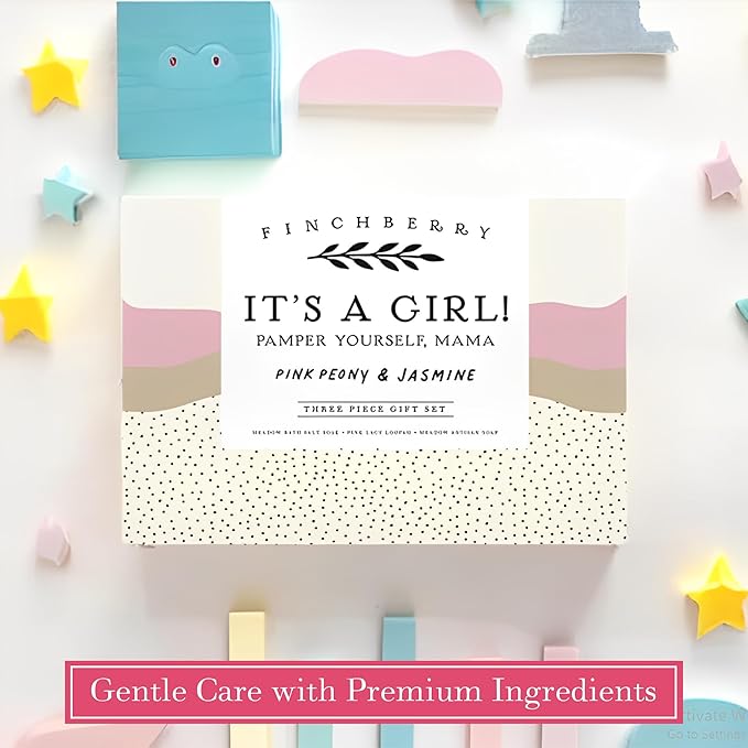 FinchBerry 3-Piece Gift Set - It’s A Girl! Baby Shower Gift, New Mom Care Package, First-Time Mom Gifts, Baby Girl Gift – Includes Handmade Shea Butter Soap(4.5oz), Bath Soak (20oz) & Hand Cream (1oz)
