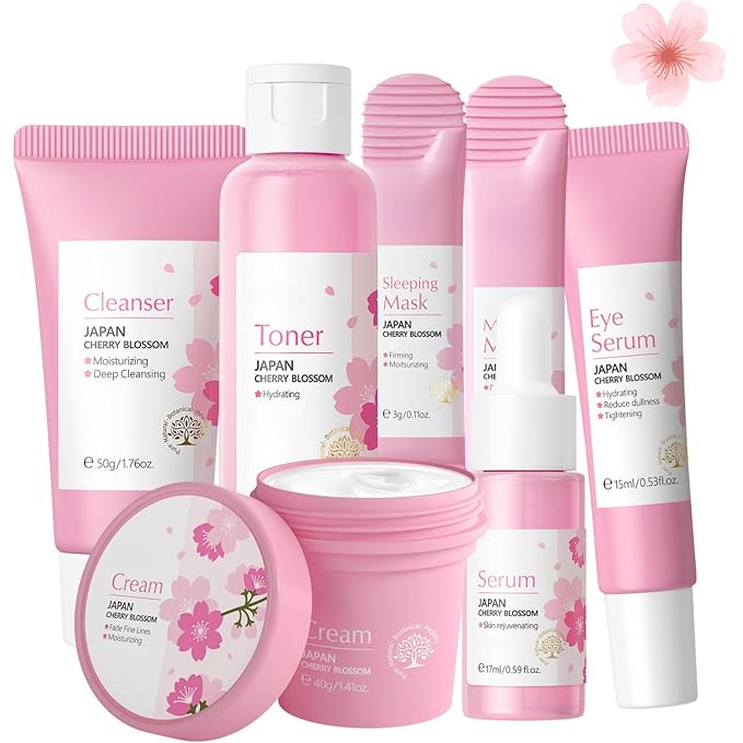 Sakura Skin Care Set, Women Gift Sets, Skin Care Kit with Cleanser, Toner, Serum, Eye Cream, Face Cream and 2Pcs Sleep Mask, Skin Care Routine Kit for Women, Even Skin Tone, Skin Care Sets & Kits