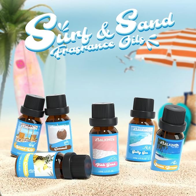 SALKING Surf & Sand Fragrance Oils, Premium Essential Oil for Diffuser, Scented Oil Gift Set for Soap Candle Making - Ocean Breeze, Salty Sea, Pink Sand, Coconut, Island Life, Pina Colada