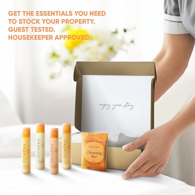 Terra Pure Amenity Kit | Boxed Hotel Toiletries Bulk Set | 1 oz Shampoo, Conditioner, Lotion, Body Wash & Cleansing Bar | 15 Sets per Case
