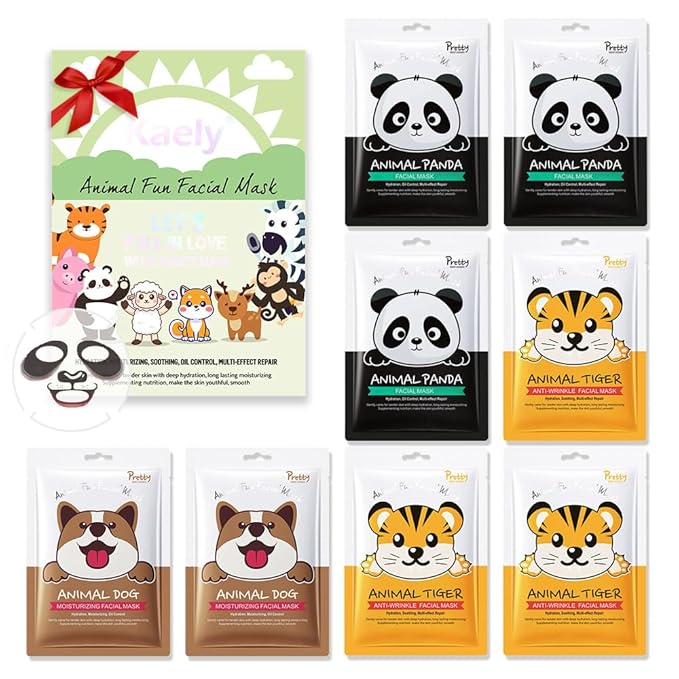 Kaely 8 Pack Animal Character Sheet Masks, Face Masks for Kids Teens Skin Care, Korean Soothe Facial Mask for All Skin Types, Girls Night Skincare Spa Party, Birthday Gifts for Women Men, Set01