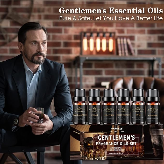 Essential Oils Set, Men Scents Fragrance Oil Aromatherapy Essential Oils Kit for Diffuser (6x10ML) - Sandalwood, Cedar, Leather, Sweet Tobacco, Rum, Cologne Aromatherapy Oils Gift for Men