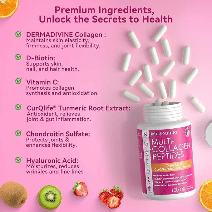 Collagen Peptides with Vitamin C, Multi Collagen Peptides Types I, II, III with Chondroitin Sulfate and Curcumin, Collagen Supplements for Skin, Hair Nail, Joint and Gut Health