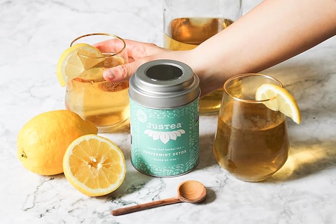 JusTea PEPPERMINT DETOX | Loose Leaf Herbal Tea | Tin with Hand Carved Tea Spoon | 40+ Cups (1.6oz) | Caffeine Free | Award-Winning | Fair Trade | Non-GMO