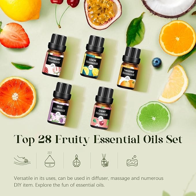 Fruity Essential Oils Set - Top 28 Fruit Fragrance Oil for Candle Making, Diffusers - Strawberry, Apple, Pineapple, Cucumber Melon, Cherry, Mango, Lemon, and Orange Scented Aromatherapy Oils
