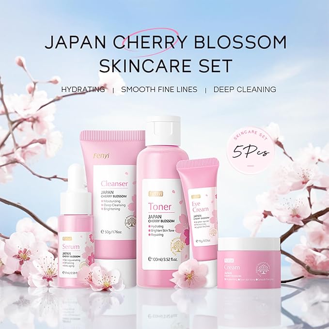 Skincare Set Japan Sakura Skin Care Set - Skincare Kits Gifts for Teen Girls, Travel Kit for Women Skin Care Routine Kit: Cleanser, Toner, Serum, Eye Cream, Face Cream, Beauty Christmas Gifts Set