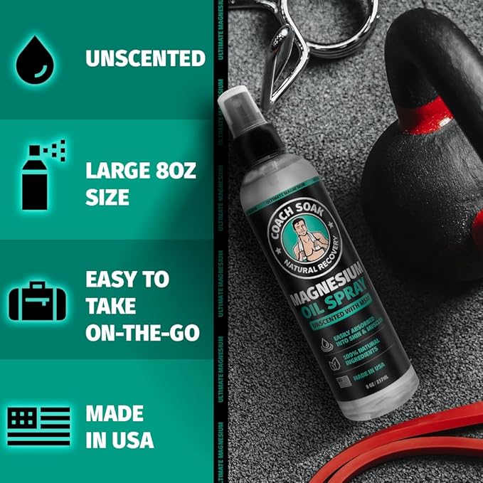 Coach Soak Eucalyptus Magnesium Lotion & Magnesium Oil Spray with MSM - 8oz Topical Spray for Feet & Body and 3.4oz Natural Cream for Muscle & Joint Relaxation