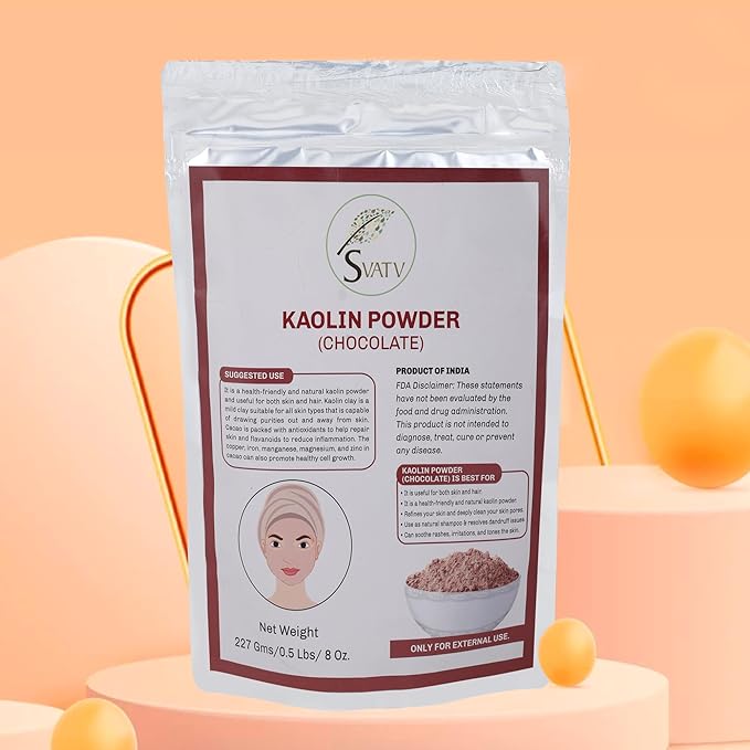 SVATV Kaolin Clay Chocolate Natural For Face Mask Herbal Skin Face Powder Makeup, Bath Bomb Clay, DYI Spa Mud Mask For Face & Hair & Soap Making For Men & Women 227g, Half Pound