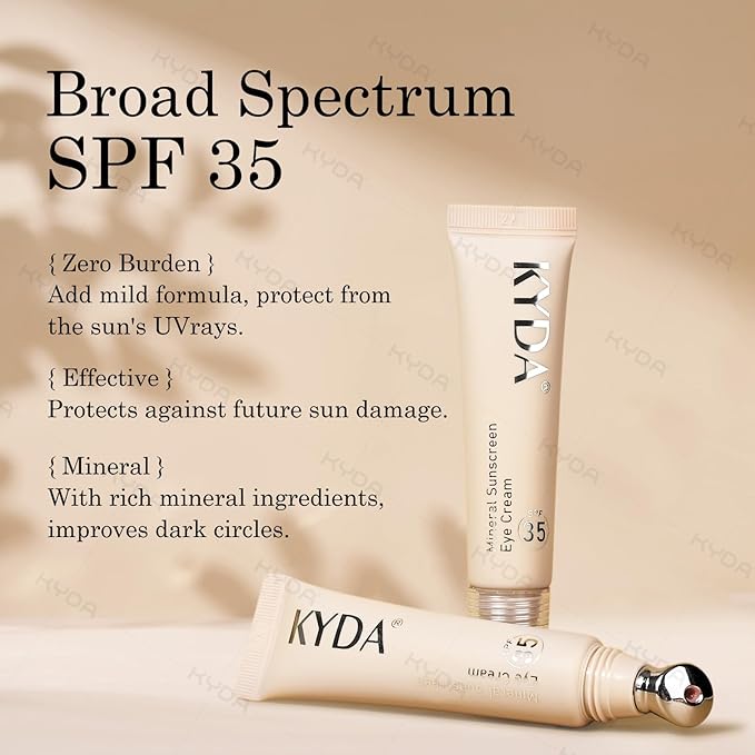 KYDA Mineral Sunscreen Eye Cream, 3-in-1 Anti-Aging Eye Cream, SPF 35, for Dark Circle and Fine Lines, Medium