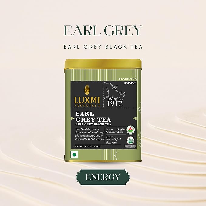 Luxmi Estates Garo Hills Earl Grey Tea 100gm Tin | Certified Organic Black Tea