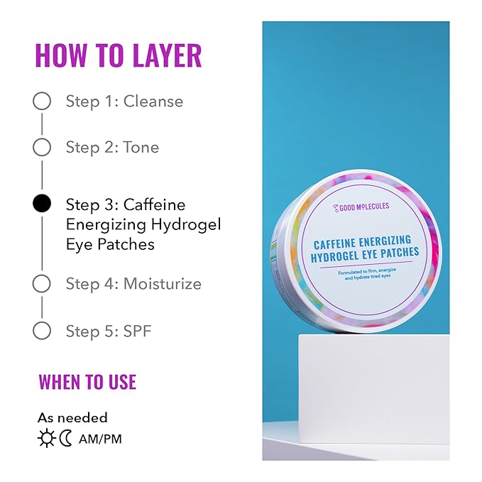 Good Molecules Caffeine Energizing Hydrogel Eye Patches - Eye Mask with Hyaluronic Acid Hydrate and Reduce Puffiness - Pack of 30, Skincare for Face