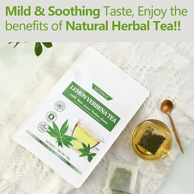 Premium 60 Lemon Verbena Tea Bags, Made with 100% Pure Lemon Verbena Leaves, No Additives & Caffeine Free.