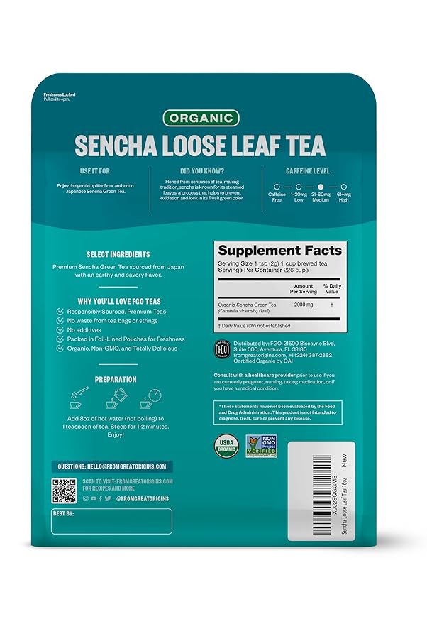 FGO Organic Sencha Green Tea, 16 Ounce Loose Leaf Bulk Resealable Bag, Sourced From Japan, Packaging May Vary (Pack of 1)