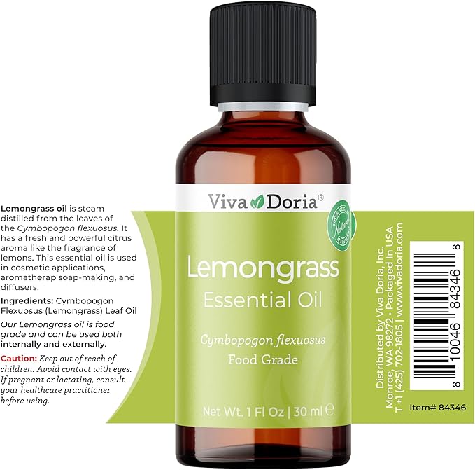 Viva Doria Lemongrass Essential Oil, 100% Pure, Natural Lemongrass Essential Oil, Undiluted, for Aromatherapy | Food Grade, 30 mL (1 Fluid Ounce)