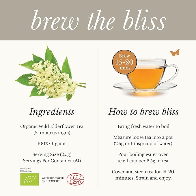 Wild Bliss Organic Elderflower Tea – Immune and Respiratory Support - Caffeine Free Loose Leaf Elder Flowers - 2.11 Ounces - 24 Servings