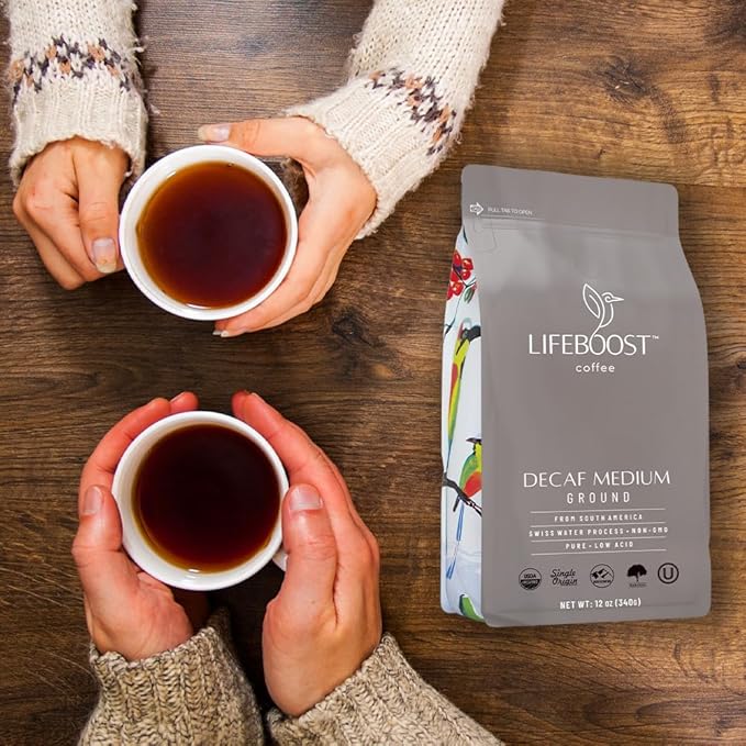 Lifeboost Medium Roast Swiss Water Decaf Coffee Ground - Non-GMO Low Acid Single Origin USDA Decaf Organic Coffee - Third Party Tested For Mycotoxins & Pesticides - 12 Ounces