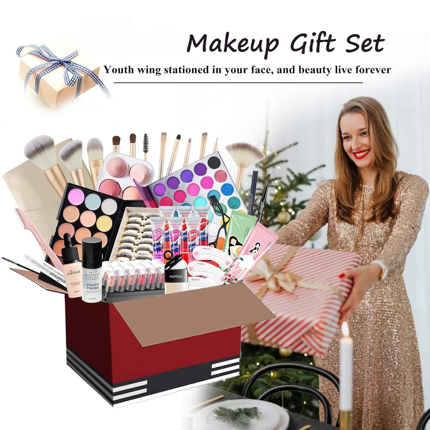 All-in-one Holiday Makeup Gift Set | Full Makeup Kit for Women Essential Starter Bundle Include Eyeshadow Palette Lipstick Blush Cream Concealer Face Powder Eyeliner Mascara Lipgloss Brush