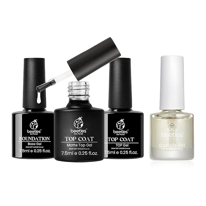 Beetles Gel Nail Polish Base No Wipe Top Coat，and 7.5ml Cuticle Oil, Gel Nail Cuticle Oil Care for Dry