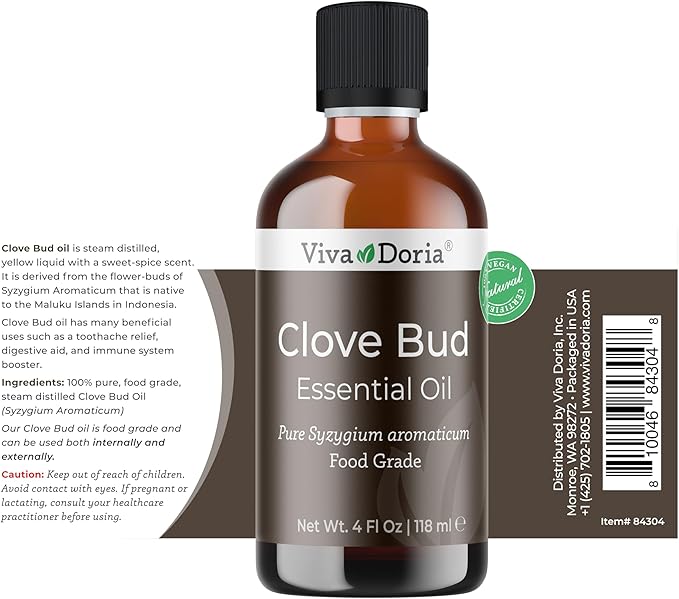 Viva Doria Clove Bud Essential Oil, 100% Pure, Natural Clove Essential Oil, Undiluted, for Aromatherapy | Food Grade, 118 mL (4 Fluid Ounce)