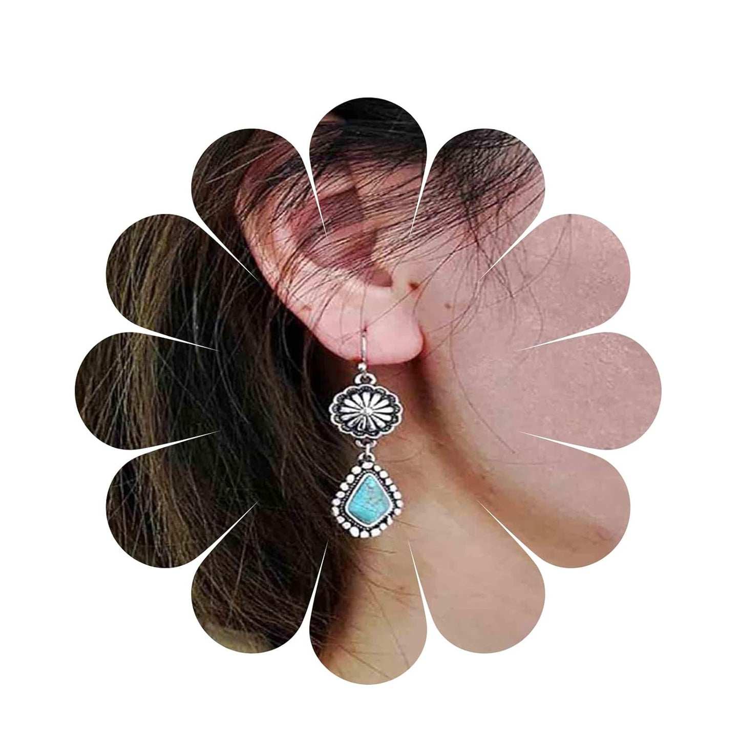 Boho Oval Turquoise Earrings Silver Circle Dangle Drop Earrings Vintage Flower Earrings Tribal Earrings Jewelry for Women and Girls