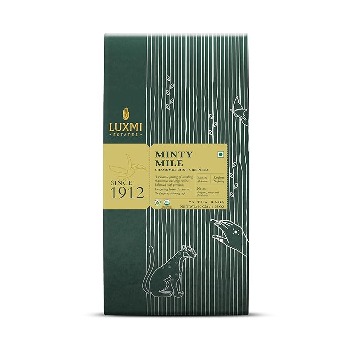 Luxmi Estates Minty Mile Chamomile Mint Green Tea 25 Tea Bags (50g) Pack | Certified Organic Green Tea | Low Caffeine Chamomile Tea | Mint Tea Bags Best for Night Time | 50 Cups