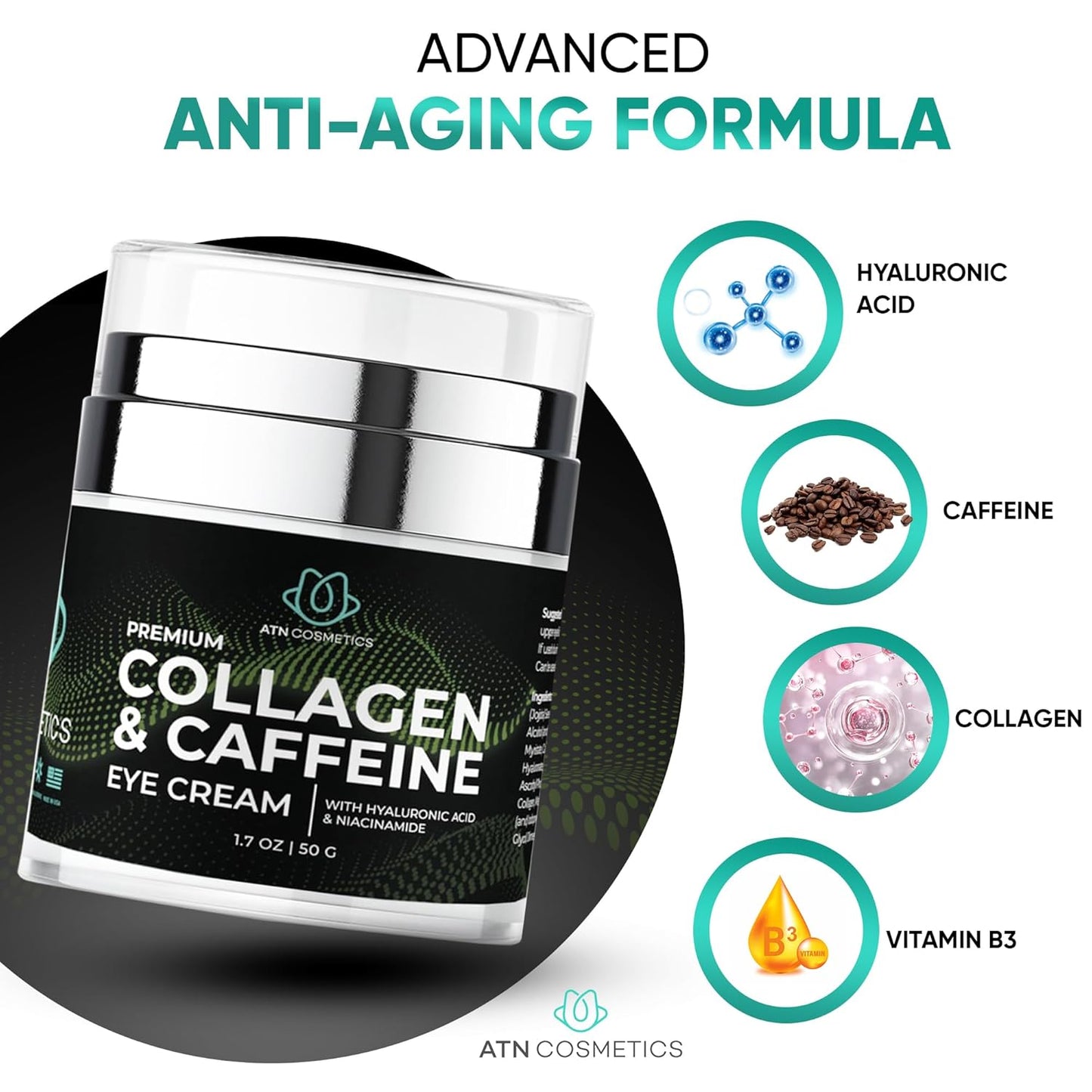 Collagen Eye Cream for dark circles, Eye Cream with caffeine, For Crows Feet & Dark Circles, and Puffiness, Infused with Hyaluronic Acid & Niacinamide, 1.7 OZ / 50 G