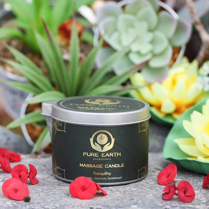 Tranquility Massage Candle - Valentines Gift, Skin Moisturizing Massage Oil Candles for Couples Date Night (160 Grams or 6 oz.) with Lavender, Geranium, Sandalwood - by PURE EARTH essentials