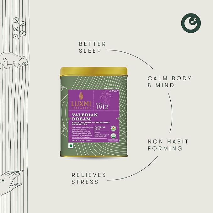 Luxmi Estates - Valerian Dream - Organic Valerian Root Tea for Sleep - Loose Leaf - 50g (25 Cups) | with Valerian Root, Chamomile & Lavender | Perfect Wellness Sleep Tea