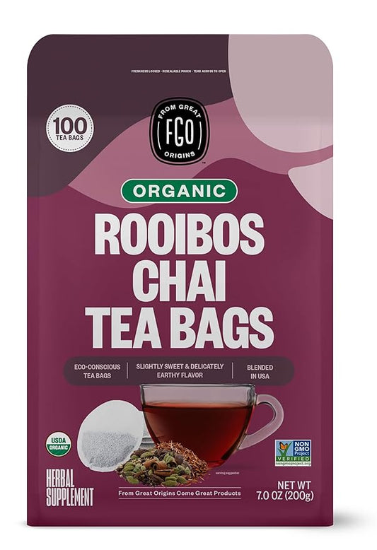 FGO Organic Rooibos Chai Tea, 100 Count, Eco-Conscious Tea Bags, Resealable Bag, Packaging May Vary (Pack of 1)