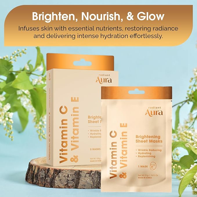 Face Sheet Mask with Vitamin C & E - Dermatologist Tested Korean Beauty Mask for Brightening & Deep Hydration - Premium Facial Treatment for Glowing & Rejuvenated Skin - 5 Pack
