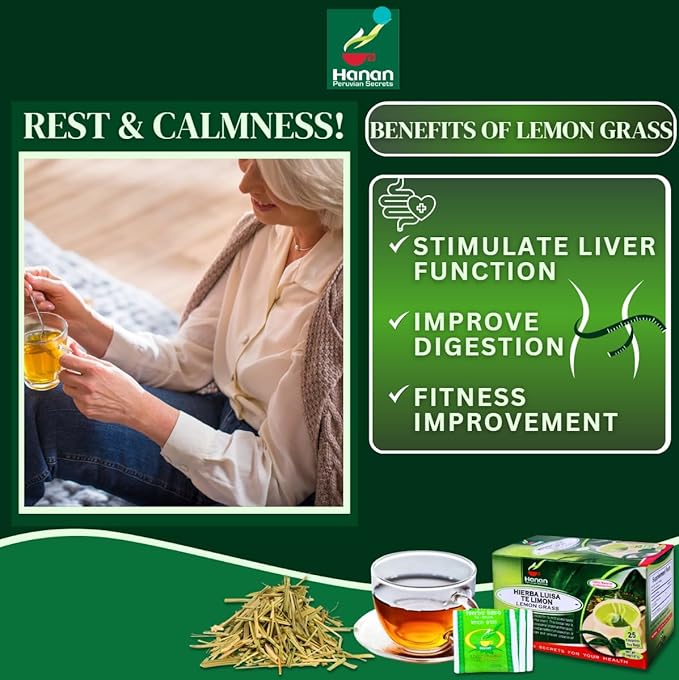 Hanan Lemongrass 25 Herbal Tea Bags - Hierba Luisa Te de Limon Dried Lemon Grass Leaf Herbs & Hierbaluisa Natural Supplement from Peru