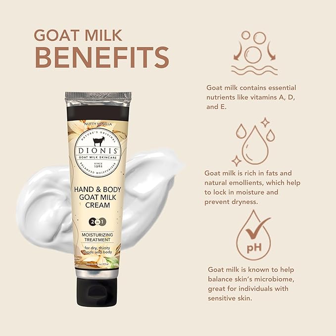 Dionis Goat Milk Skincare 3.3oz Nutty Vanilla Hand & Body Cream - Travel Size Hand Lotion For Hydrating & Moisturizing Dry Skin - Cruelty Free Cream Made In The USA - Paraben Free Formula