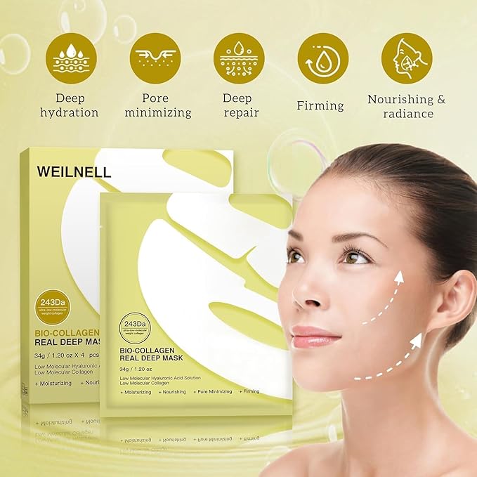 Bio-Collagen Overnight Collagen Face Mask, Deep Collagen Anti-Wrinkle Lifting Glass Glow Face Mask for Moisturizing, Firming, Glowing Skin Care, Bio Collagen Sheet Mask for All Skin Types, 8 Packs