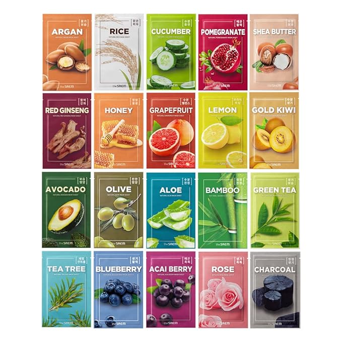 THESAEM Natural Facial Mask Sheet 21ml 20 Pack - Korean Skincare Moisturizing and Nourishing Facial Mask Sheet Variety Combo Pack