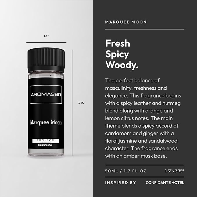 Aroma360 - Marquee Moon Pro Pod Fragrance Oil Blend | Hotel Inspired Luxury Essential Oil Diffuser | Aromatherapy Scent Diffuser Oil | White Tea, Leather and Soku Lime 1.7 fl oz, 50 mL