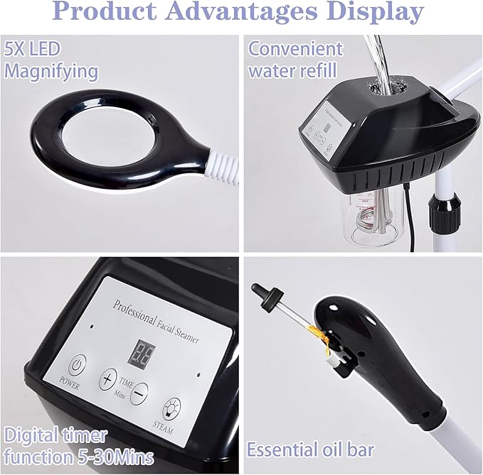 Professional 2 in 1 Facial Steamer on Wheels with 5X Magnifying Lamp and Ozone Facial Steamer for Deep Cleaning, Esthetician Use in Spa, Salon and Home