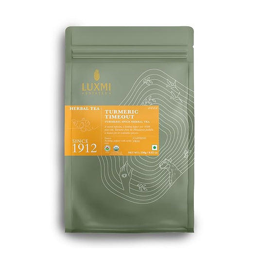 Luxmi Estates Turmeric Time-Out Herbal Loose Tea 250g Pack | Certified USDA Organic Herbal Tea | With Organic Turmeric, Ginger, Cardamom, Black Pepper | Supports A Healthy Response To Inflammation (125 Cups)