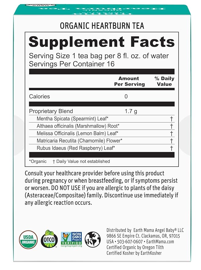 Earth Mama Organic Heartburn Tea | Pregnancy-Safe Soothing Herbal Blend with Marshmallow Root, Lemon Balm & Chamomile, 16 Teabags Per Box