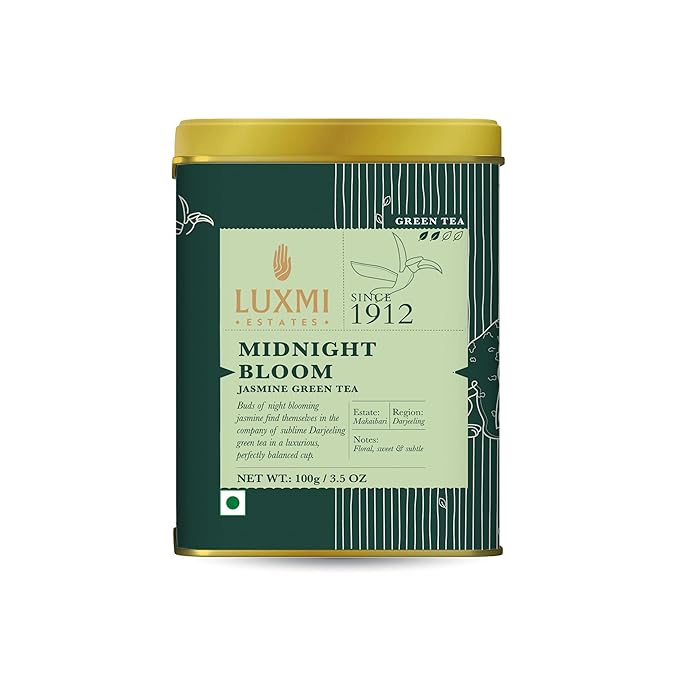 Luxmi Estates - Midnight Bloom - Organic Jasmine Tea - Loose Leaf - 100g (50 Cups) | With Organic Jasmine Buds and Darjeeling Green Tea | Natural Aid to Relieve Stress, Anxiety and Sleep Problems