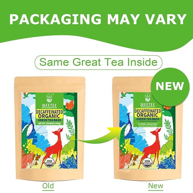 WT WEETEE Organic Decaf Green Tea Bags, Organic Green Tea 100 Count | CO2-Decaffeinated | Super Antioxidant | Resealable Kraft Bag
