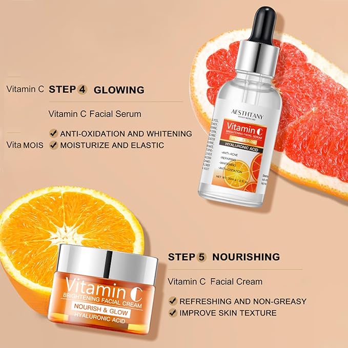 Vitamin C Skin Care Set For Women , 5-In-1 Moisturizing Hyaluronic Acid Skin Care Routine with Facial Cleanser, Serum, Face Cream, Eye Cream, Toner