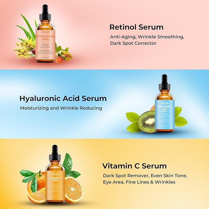 Facial Skin Care Set– Retinol Serum, Vitamin C & Hyaluronic Acid for Face – Anti Aging Face Serum Set for Women – Firm, Wrinkle Smoothing, Dark Spot Corrector, Brighten Dullness