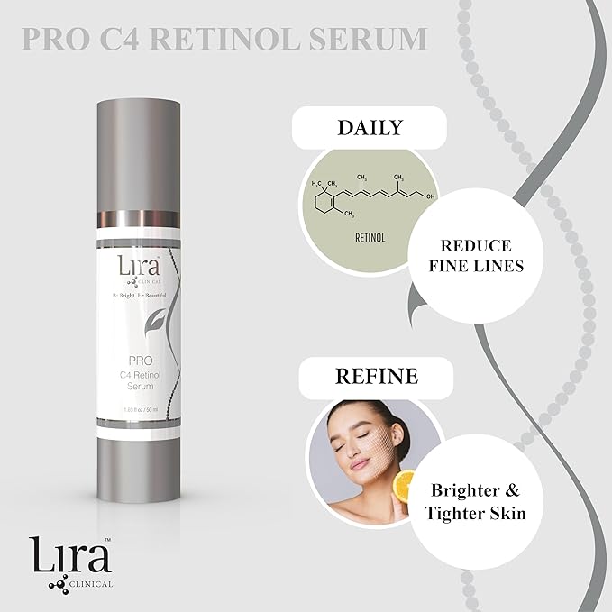 Lira Clinical PRO C4 Retinol Serum - Face Serum with Plant Stem Cells - Vitamin C Brightening Serum with Licorice and Olive Extract - 1.69 Ounce