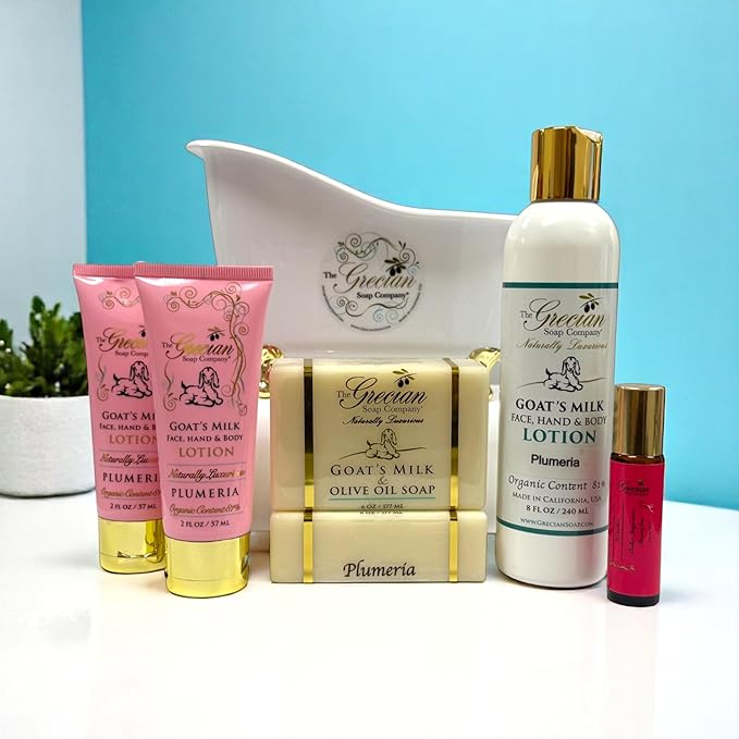 Deluxe Bathtub Gift Set – 6pcs Goat Milk & Olive Oil Skin Care Set, Spa Gifts, Bridal Shower Gifts Gifts for Mom, Birthday Gifts, Plumeria Scent, Handmade in the USA