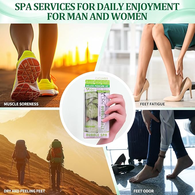 Pedicure Kit Foot Soak Set: Bubble Salt, Sugar Scrub, Massage Mask, Massage Lotion in a Box, 4 Step Foot Spa Kit for Dry Feet, Softens Calluses(3 Set Cucumber)