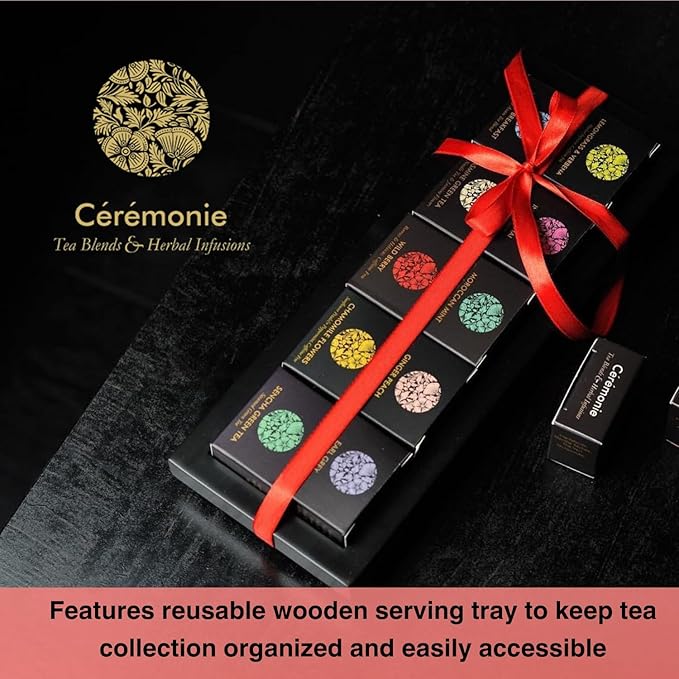 Ceremonie Tea Herbal Variety Pack - Kosher Set with Reusable Wooden Tray - Assorted Sampler With 10 Individually Wrapped Silky Mesh Bags - Single Serve Pouches
