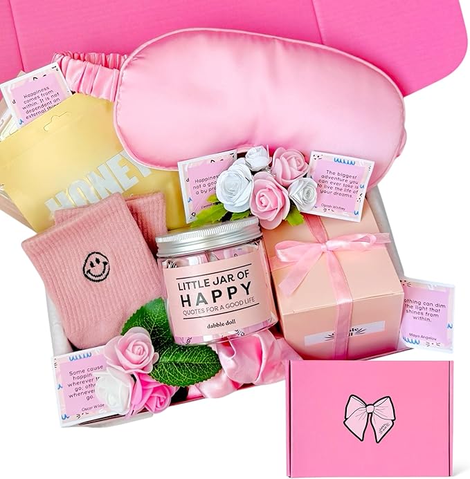 Happy Gift Set – Spa Pamper Kit, Smile Socks, Motivational Gift Box with Uplifting Quotes, Silly Sleep Mask | Self-Care Gift Box for Women, Mother's Day (Premium Gift Set)