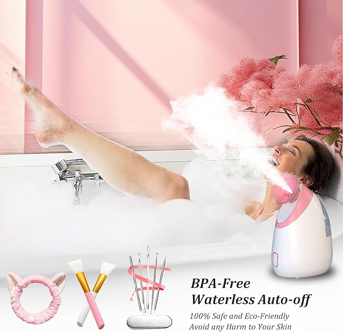 AUSSEN Facial Steamer,Nano Ionic Hot Mist Face Steamer Humidifier Atomizer Deep Cleaning Unclogs Pores Sinuses with Stainless Steel Skin Kit Brushes Hair Band for Home Facial Sauna Spa
