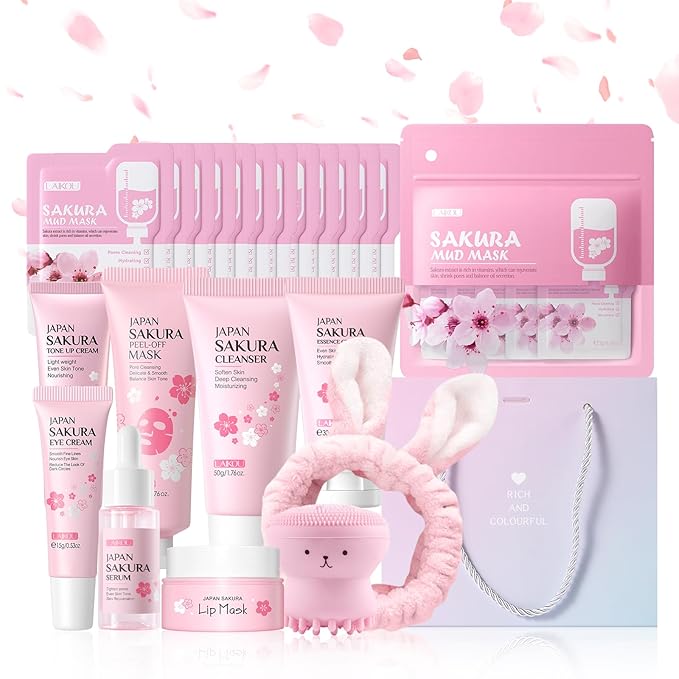 Sakura Skincare Set for Teen Girls, Complete 34PCS Face Care Kit, Christmas Pamper Gift Set for Women & Teenage Girls, Hydrating & Nourishing Travel-Friendly Daily Facial Skincare Routine